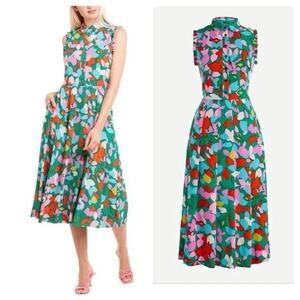 J Crew Dress Womens 0 Pleated Shirtdress Green Pink Confetti Floral‎ Crepe Bold